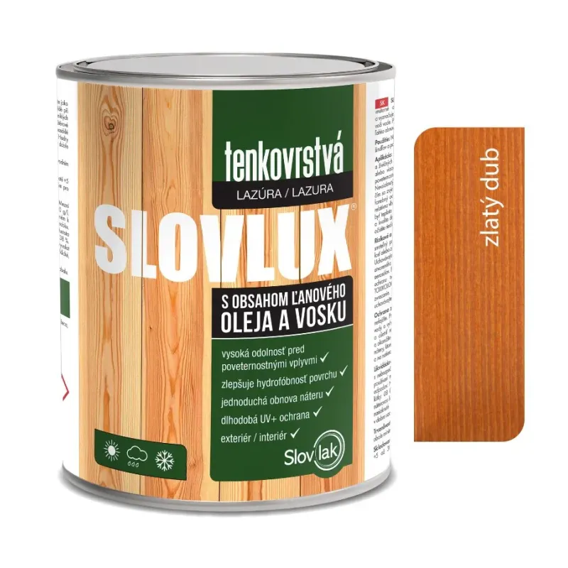 Slovlux Tenkovrstvá lazúra na drevo, zlatý dub 0,7 l, 2,5 l a 10 l Slovlux Tenkovrstvá lazúra na drevo, zlatý dub 0,7 l, 2,5 l a 10 l