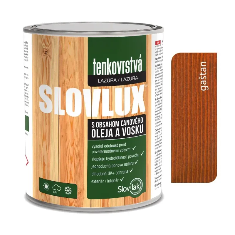 Slovlux Tenkovrstvá lazúra na drevo, gaštan 0,7 l, 2,5 l a 10 l Slovlux Tenkovrstvá lazúra na drevo, gaštan 0,7 l, 2,5 l a 10 l