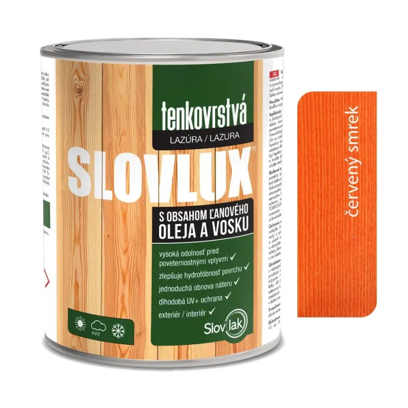 Slovlux Tenkovrstvá lazúra na drevo, červený smrek 0,7 l, 2,5 l a 10 l Slovlux Tenkovrstvá lazúra na drevo, červený smrek 0,7 l, 2,5 l a 10 l