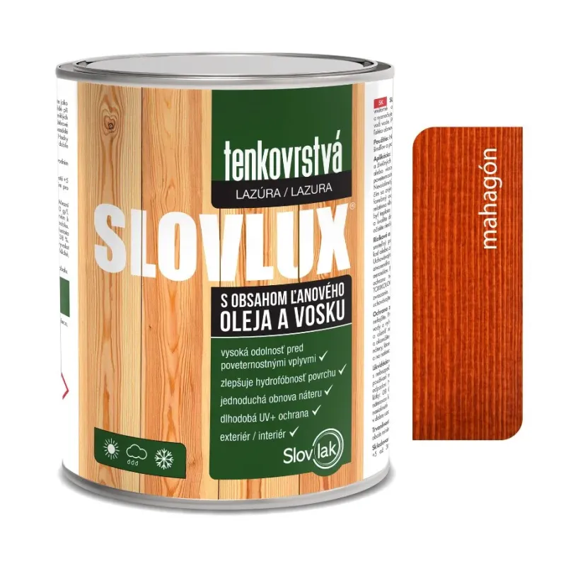 Slovlux Tenkovrstvá lazúra na drevo, mahagón 0,7 l, 2,5 l a 10 l Slovlux Tenkovrstvá lazúra na drevo, mahagón 0,7 l, 2,5 l a 10 l