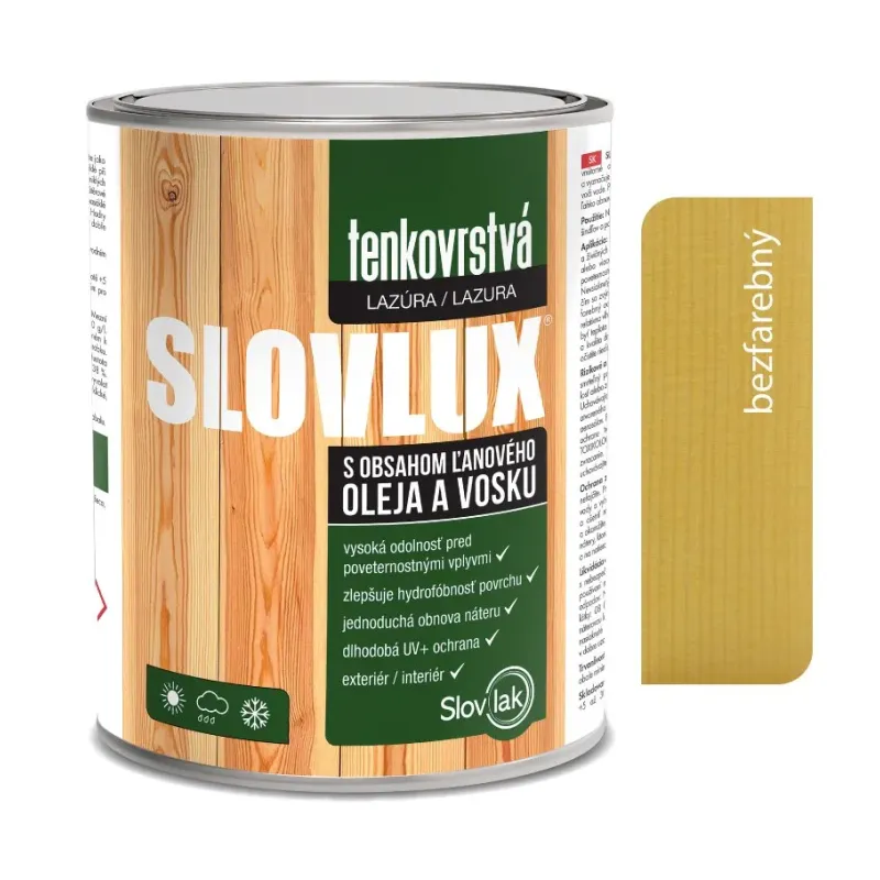 Slovlux Tenkovrstvá lazúra na drevo bezfarebná 0,7 l a 2,5 l Slovlux Tenkovrstvá lazúra na drevo bezfarebná 0,7 l a 2,5 l