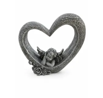 Dekorácia srdca s anjelom, šedá, polyresin, 14,5 × 13,5 × 4 cm