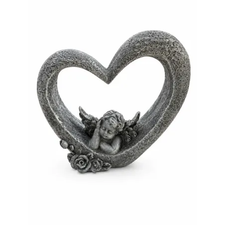 Dekorácia srdca s anjelom, šedá, polyresin, 14,5 × 13,5 × 4 cm