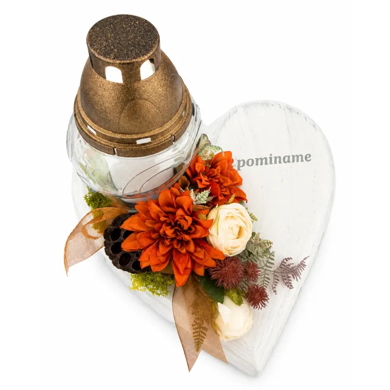 Spomienkové srdce s kahancom a kvetinovou dekoráciou