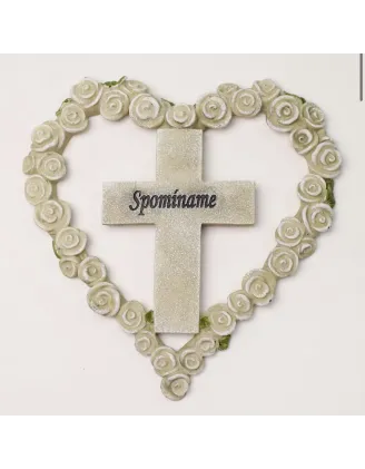 Dekoračné srdce s krížom a ružičkami „Spomíname“ – sivé, 18 × 1,5 × 18,5 cm, polyresin